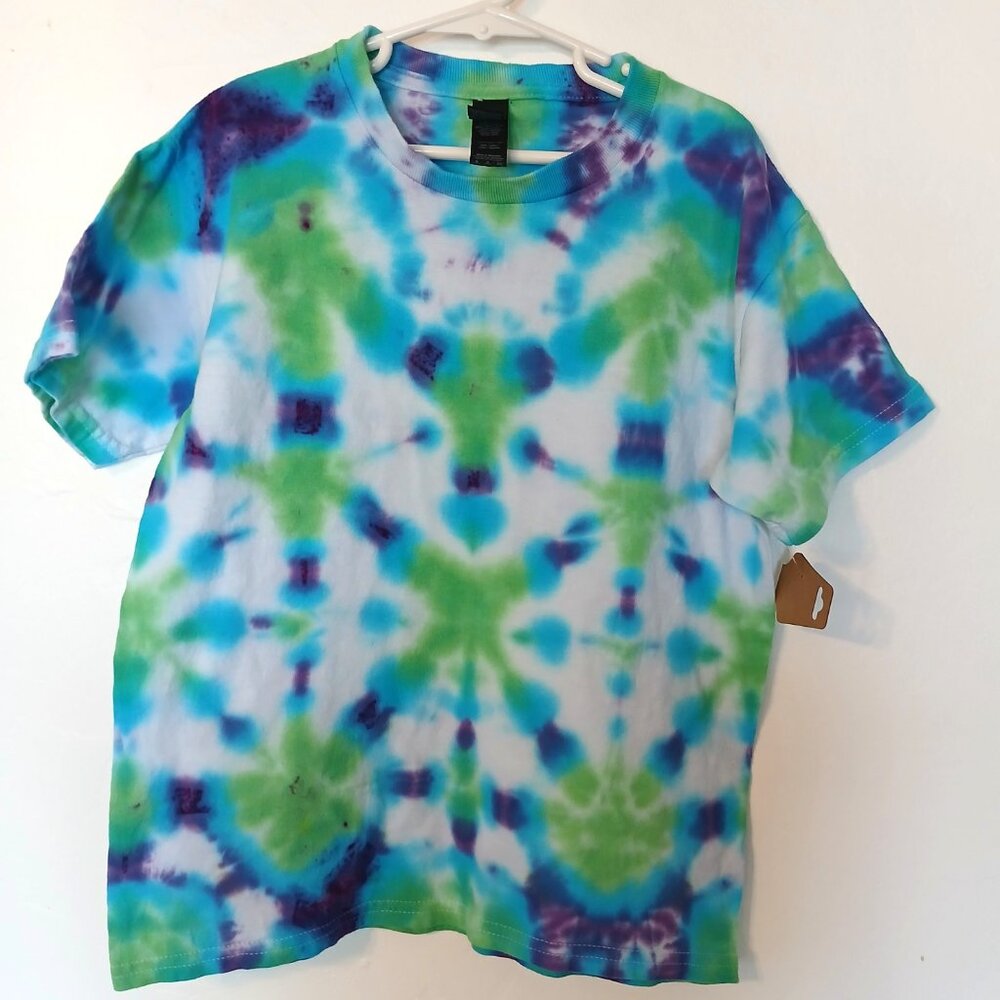 Tie Dye T-Shirt with Groovy Pattern in Indigo Green Blue Short Sleeve Kids Small - Picture 5 of 16